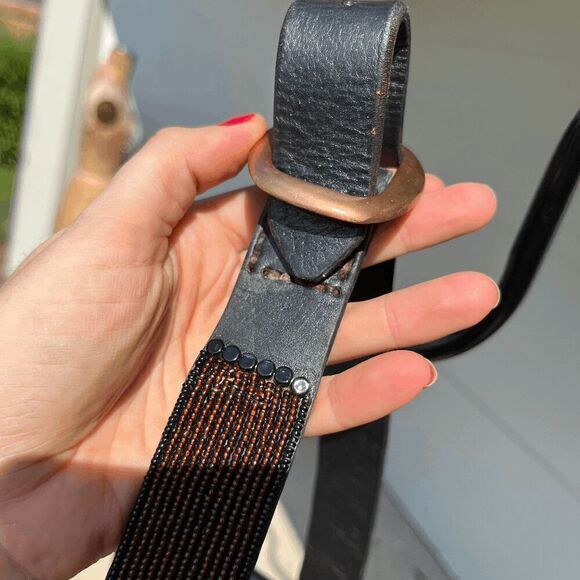 Vintage 1970s Full-grain Leather Bead Embellished Belt Unisex Solid Brass Buckle - Picture 9 of 10